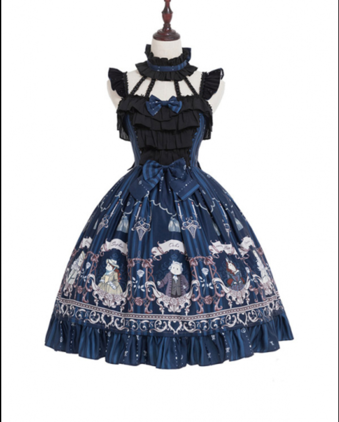 Blue dress with a ruffled collar and mice people around the skirt
