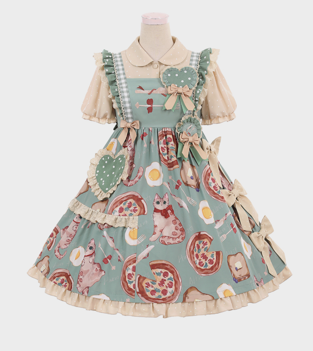 Light blue dress with a pattern of eggs, bacon, and cats 
